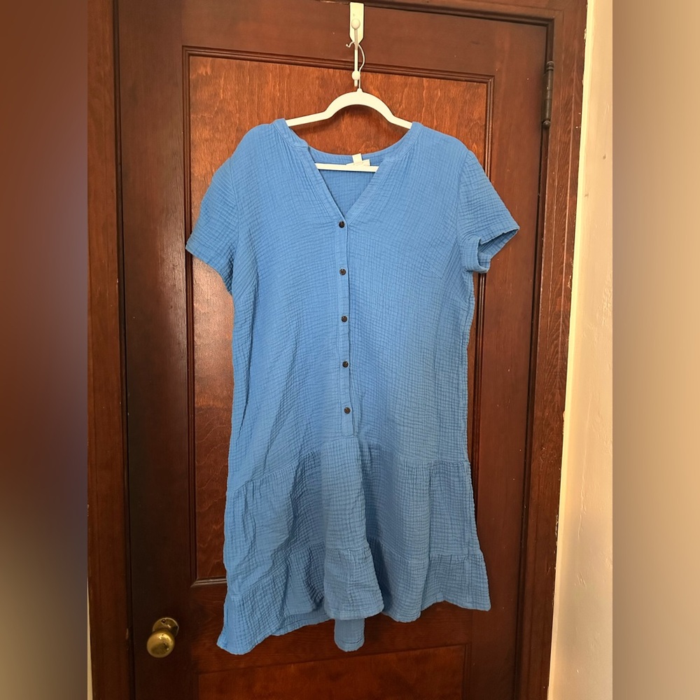 J. Jill Cyan Blue Slubbed Cotton Gauze Drop Waist Tiered Midi Dress Size L - Picture 3 of 5